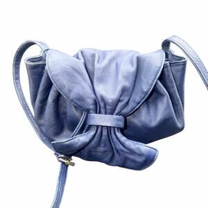Brio Blue Leather Bow Drawstring Bucket Crossbody Korea